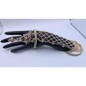 Adjustable Gold Toned Ring To Cuff Bracelet With Rainbow‎ Stone Accents